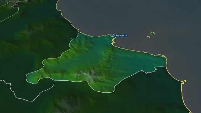 Monastir - governorate of Tunisia with its capital zoomed on the physical map of the globe. Animation 3D