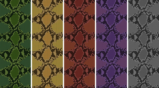 5 color python pixel pattern. Vector illustration. Yellow, green, red, purple, gray.