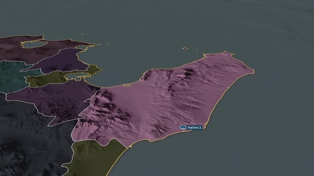 Nabeul - governorate of Tunisia with its capital zoomed on the administrative map of the globe. Animation 3D