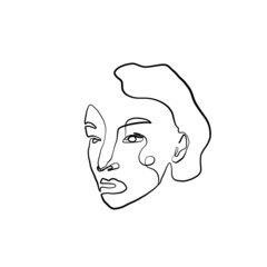 Hand drawn one line young woman or girl portrait face, beauty single icon, simple fashion logo, continuous hand drawing art.