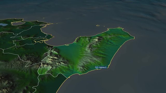 Nabeul - governorate of Tunisia with its capital zoomed on the physical map of the globe. Animation 3D