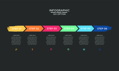 Six 6 Options brush stroke infographic step chart workflow  element Plan Slide Template with dark black background theme