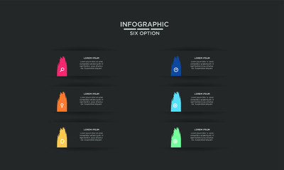 Six 6 Options brush stroke infographic step chart workflow  element Plan Slide Template with dark black background theme