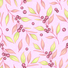 Floral seamless pattern with pastel pink branches, leaves and berries. Natural background for fabric, wallpaper, textile, wrapping paper, web design.