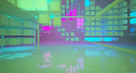 Abstract architectural white interior from an array of white cubes with color gradient neon lighting. 3D illustration and rendering.