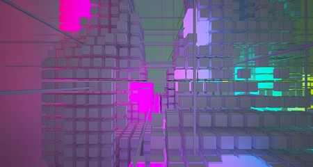 Abstract architectural white interior from an array of white cubes with color gradient neon lighting. 3D illustration and rendering.