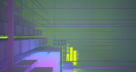 Abstract architectural white interior from an array of white cubes with color gradient neon lighting. 3D illustration and rendering.