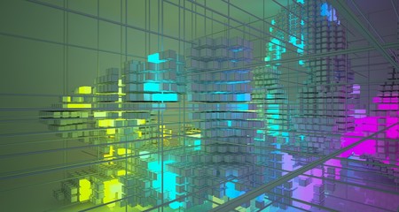 Abstract architectural white interior from an array of white cubes with color gradient neon lighting. 3D illustration and rendering.