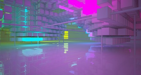 Abstract architectural white interior from an array of white cubes with color gradient neon lighting. 3D illustration and rendering.