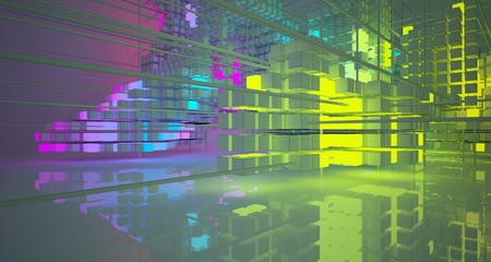 Abstract architectural white interior from an array of white cubes with color gradient neon lighting. 3D illustration and rendering.