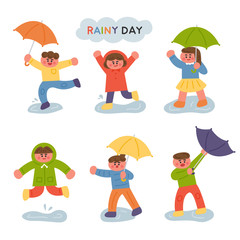 Children wearing umbrellas on a rainy day.  Soft handwriting shape.vector design illustrations.