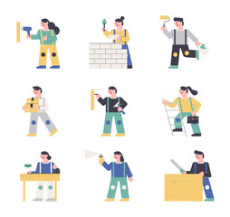 Workers characters in work clothes and construction work. vector design illustrations.