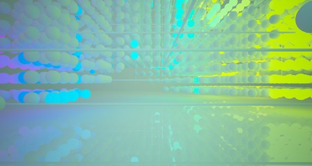 Abstract architectural smooth white interior  from an array of white spheres with with color gradient neon lighting. 3D illustration and rendering.