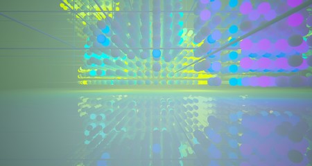 Obraz premium Abstract architectural smooth white interior from an array of white spheres with with color gradient neon lighting. 3D illustration and rendering.