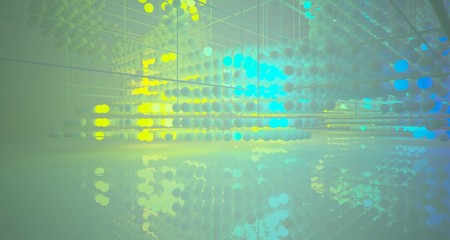 Obraz premium Abstract architectural smooth white interior from an array of white spheres with with color gradient neon lighting. 3D illustration and rendering.