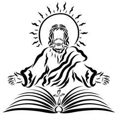 Jesus with the shining sun in front of an open book with a cross