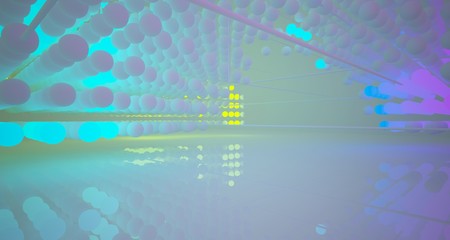 Abstract architectural smooth white interior  from an array of white spheres with with color gradient neon lighting. 3D illustration and rendering.