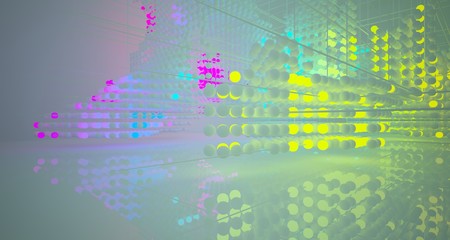 Obraz premium Abstract architectural smooth white interior from an array of white spheres with with color gradient neon lighting. 3D illustration and rendering.
