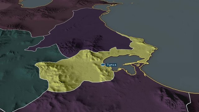 Tunis - governorate of Tunisia with its capital zoomed on the administrative map of the globe. Animation 3D