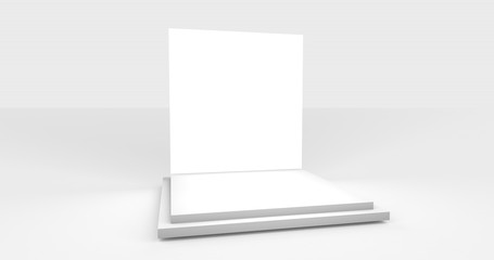 3D render illustration of white product pedestal podium or easelback. Winners podium or business product display space. White background, white floore. Copy space.