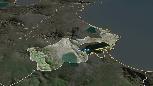 Tunis - governorate of Tunisia with its capital zoomed on the satellite map of the globe. Animation 3D