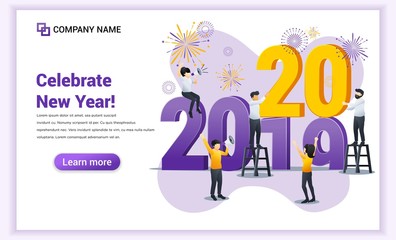 Happy new year concept. People are preparing for the new year 2020 by changing the letter of the year. Can use for web banner, poster, landing page, web template. Vector illustration