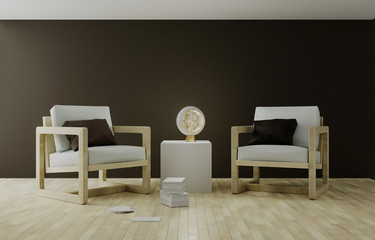 interior of a dark brown room with chairs, 3d rendering