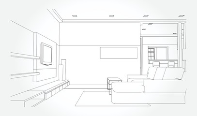 Linear sketch of an interior. Sketch Line bed room . Vector illustration.outline sketch drawing perspective of a interior space