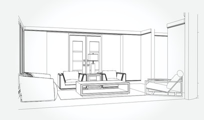 Linear sketch of an interior. Sketch Line bed room . Vector illustration.outline sketch drawing perspective of a interior space