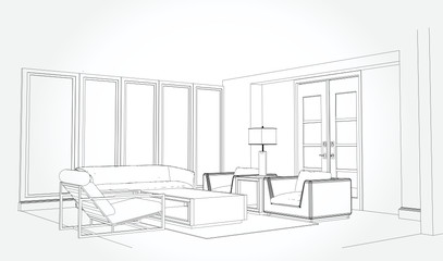 Linear sketch of an interior. Sketch Line bed room . Vector illustration.outline sketch drawing perspective of a interior space