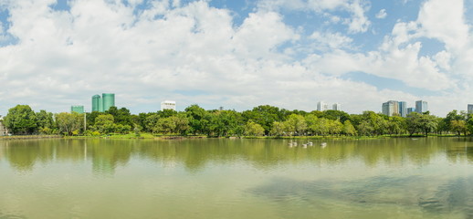 Beautiful panorama view of City public park with lake and green trees in background.