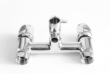 Bathroom water mixer. Water tap made of chrome material on white background