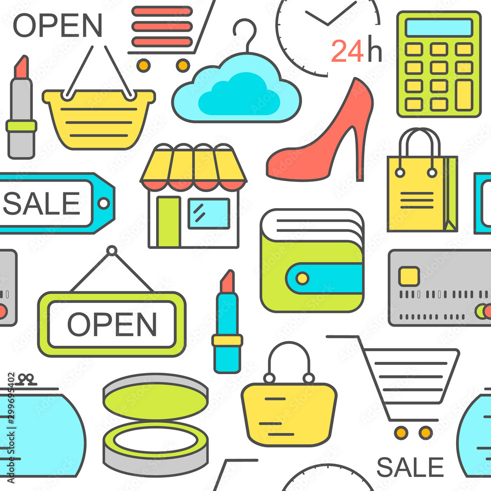 Poster seamless shopping background with colored line style icons. linear style fashion pattern.
