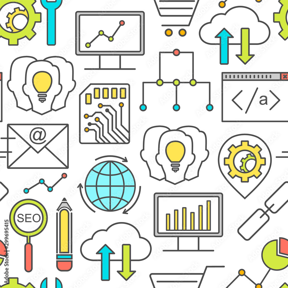 Poster seo and development seamless pattern with colored linear icons. line style seo and optimization seam