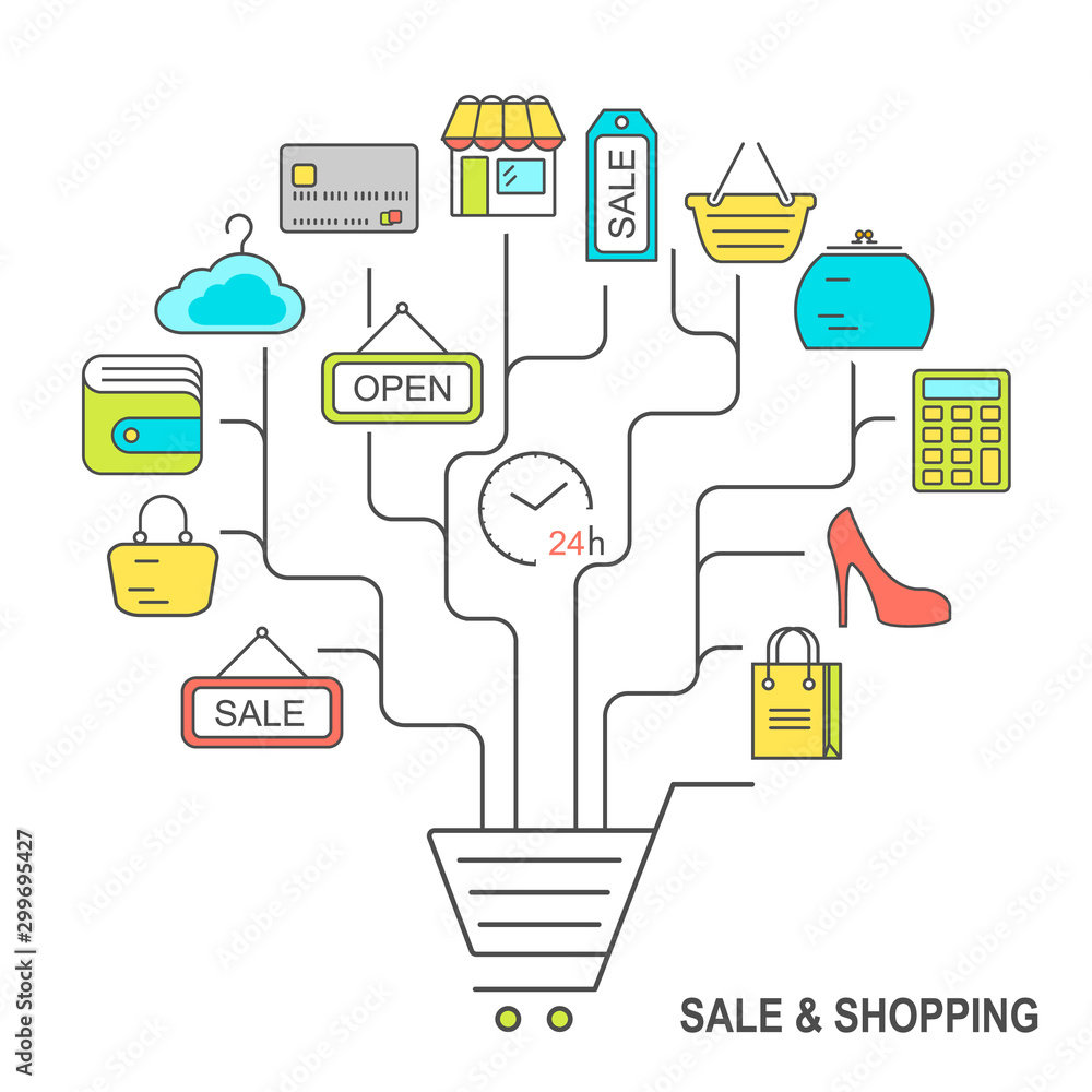 Poster seamless shopping background with colored line style icons. linear style fashion pattern.