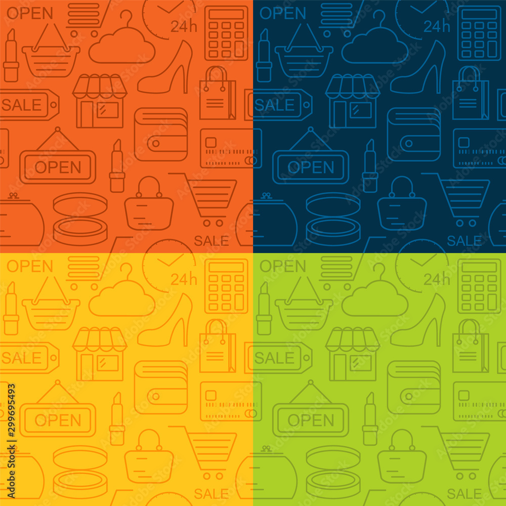 Poster seamless shopping background with colored line style icons. linear style fashion pattern.