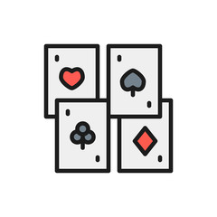 Playing cards, four suits flat color line icon.