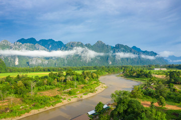Obraz premium Aerial view of beautiful landscapes at Vang Vieng , Laos. Southeast Asia. Photo made by drone from above. Bird eye view.