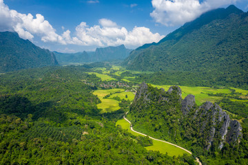 Aerial view of beautiful landscapes at Vang Vieng , Laos. Southeast Asia. Photo made by drone from above. Bird eye view.