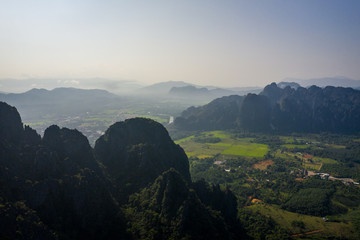 Aerial view of beautiful landscapes at Vang Vieng , Laos. Southeast Asia. Photo made by drone from above. Bird eye view.