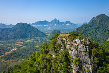 Aerial view of beautiful landscapes at Vang Vieng , Laos. Southeast Asia. Photo made by drone from above. Bird eye view.