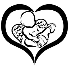 little cute winged baby in a heart, in a diaper