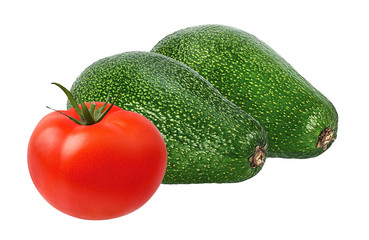 Fresh avocados and tomato isolated on white background with clipping path