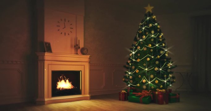 Burning fireplace with lit Christmas tree in night interior scene, winter seasonal background 4K loop animation
