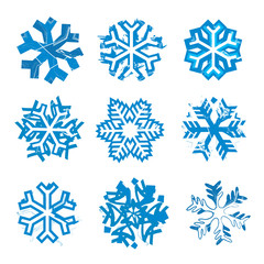 Grunge expressive Snowflakes. Set of nine grunge stylized snowflakes. Isolated on white background. Vector available.