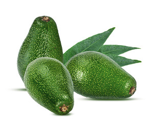 Fresh avocados with leaves isolated on white background with clipping path