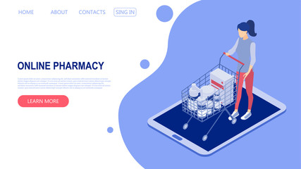 Landing page template with the concept of an online pharmacy. Woman buys medicine. Isometric vector illustration.