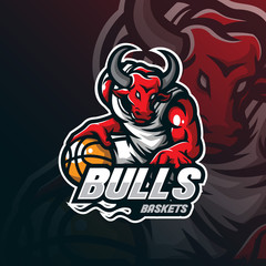 bull mascot logo design vector with modern illustration concept style for badge, emblem and tshirt printing. bull illustration with basketball in hand.