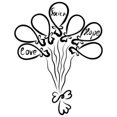 seven balloons with the words Faith, Hope and Love
