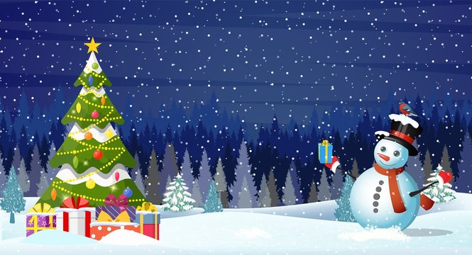 Christmas landscape at night. christmas tree and snowman. concept for greeting or postal card.